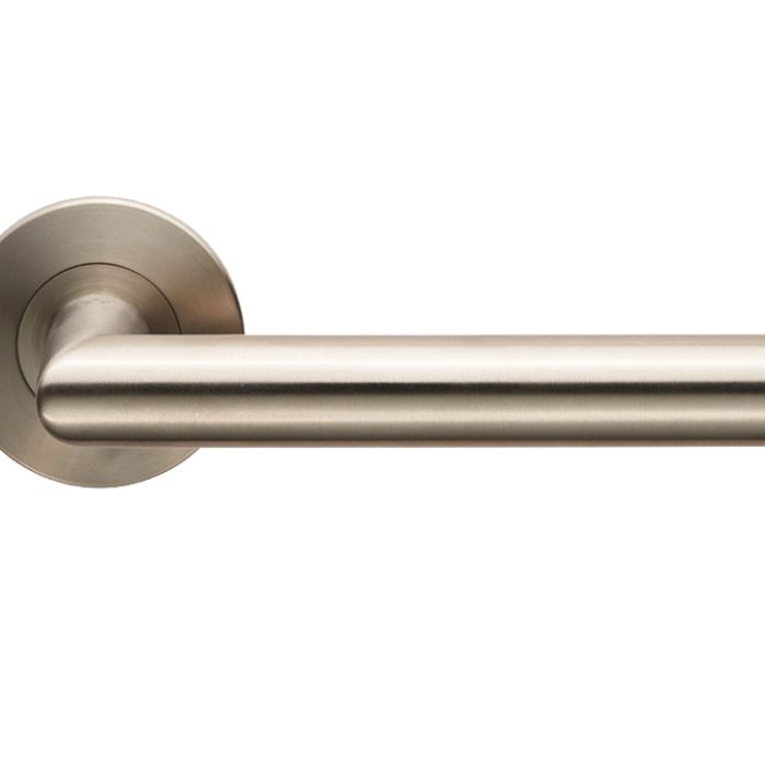 Eurospec Treviri Mitred Door Handles On Slim Fit 6mm Rose – Grade 304 Satin Stainless Steel