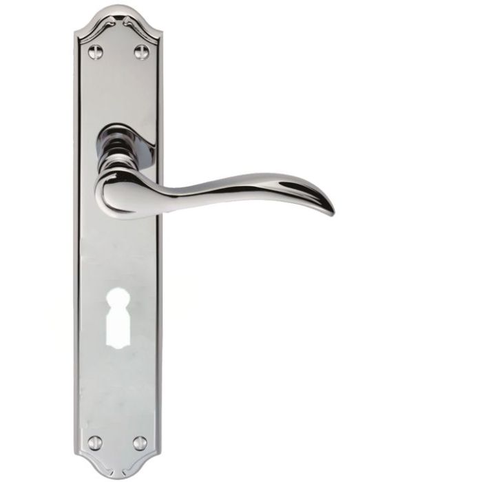 Madrid Door Handles On Long Backplate, Polished Chrome (sold in pairs)