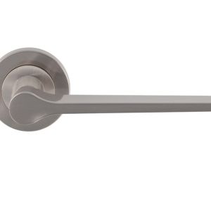Velino Door Handles On Round Rose, Satin Nickel (sold in pairs)