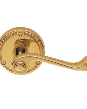 Georgian Door Handles On Round Rose, Polished Brass (sold in pairs)