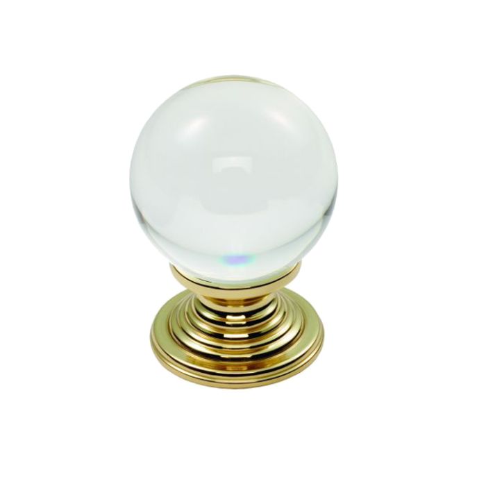 Fingertip Crystal Clear Ball Cupboard Knob (30mm OR 34mm), Polished Brass