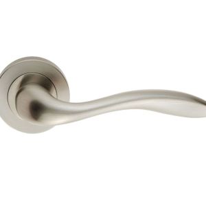 Manital Giava Door Handles On Round Rose, Satin Nickel (sold in pairs)