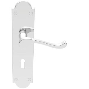 Victorian Scroll Door Handles On Shaped Backplate, Polished Chrome (sold in pairs)