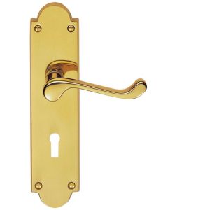 Victorian Scroll Door Handles On Shaped Backplate – Polished Brass