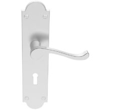 Victorian Scroll Door Handles On Shaped Backplate, Satin Chrome (sold in pairs)