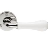 Porcelain Door Handles On Round Rose, Plain White On Polished Chrome Rose (sold in pairs)