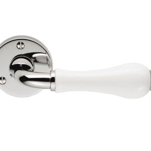 Porcelain Door Handles On Round Rose, Plain White On Polished Chrome Rose (sold in pairs)