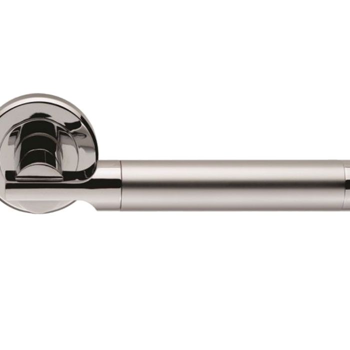 Serozzetta Azul Door Handles On Round Rose, Dual Finish Satin Chrome & Polished Chrome   (sold in pairs)