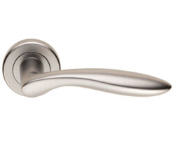 Serozzetta Shark Door Handles On Round Rose, Satin Chrome -   (sold in pairs)