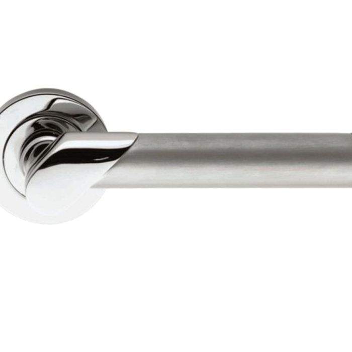 Serozzetta Irwin Door Handles On Round Rose, Dual Finish Polished Chrome & Satin Chrome –   (sold in pairs)