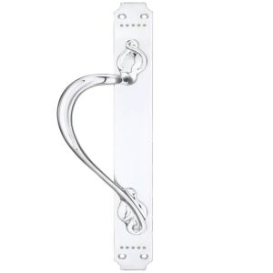 Left OR Right Handed Cast Brass Pull Handle With Art Nouveau Backplate, Polished Chrome
