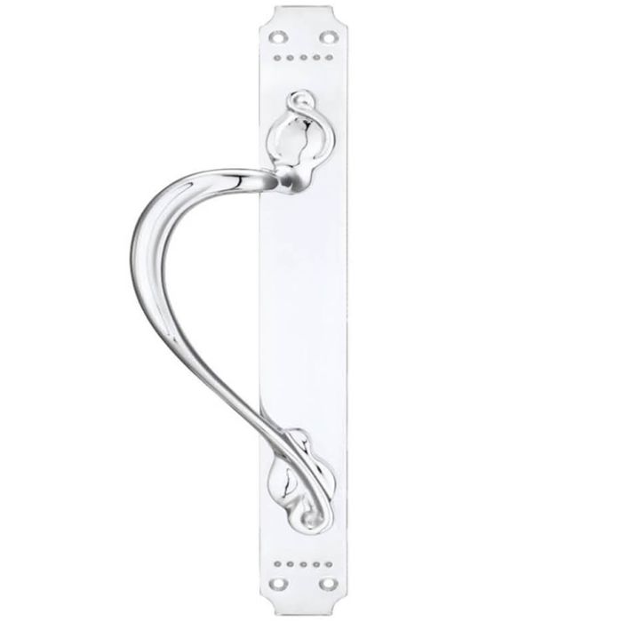 Left OR Right Handed Cast Brass Pull Handle With Art Nouveau Backplate, Polished Chrome