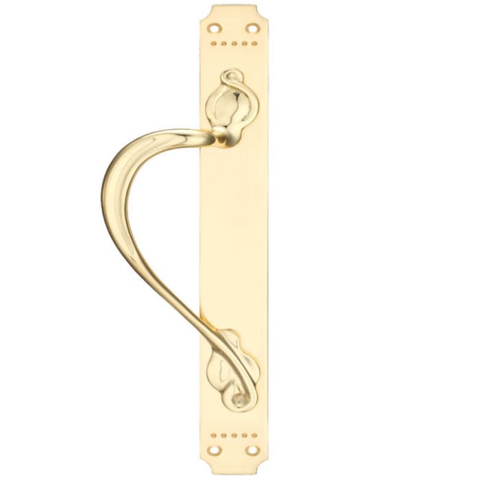 Left OR Right Handed Cast Brass Pull Handle With Art Nouveau Backplate, Polished Brass