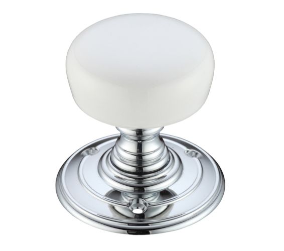 Plain White Porcelain Door Knobs, Polished Chrome –  (sold in pairs)