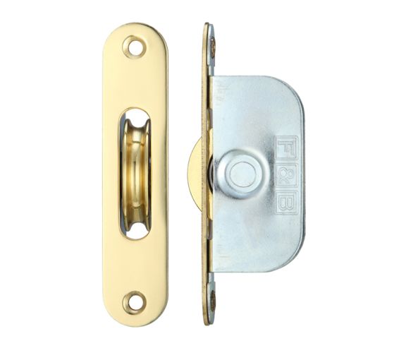 1 3/4″ Wheel Sash Window Brass Ball Bearing Axle Pulley (Radius Forend), Polished Brass
