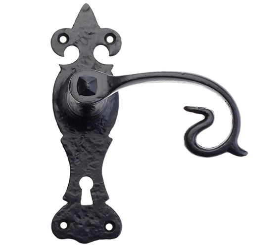 Fleur De Lys Door Handles On Backplate, Black Antique  (sold in pairs)