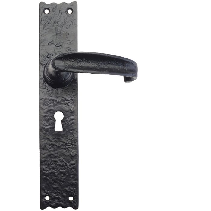 Traditional Door Handles On Long Backplate, Black Antique (sold in pairs)