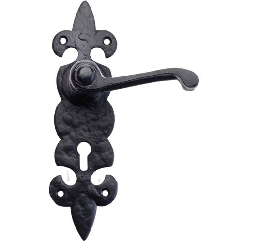 Fleur De Lys Door Handles On Backplate, Black Antique  (sold in pairs)
