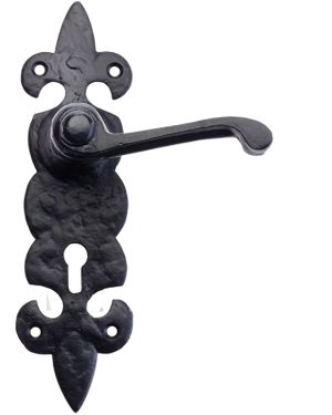 Fleur De Lys Door Handles On Backplate, Black Antique  (sold in pairs)