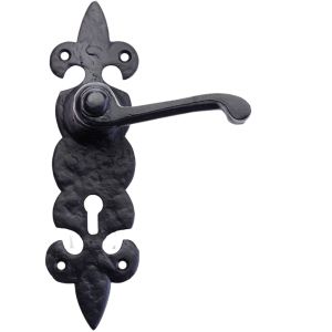 Fleur De Lys Door Handles On Backplate, Black Antique  (sold in pairs)