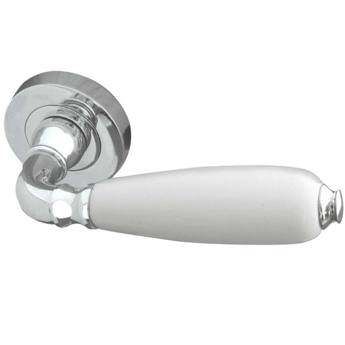 Oxford White China Door Handles On Round Rose, Polished Chrome (sold in pairs)
