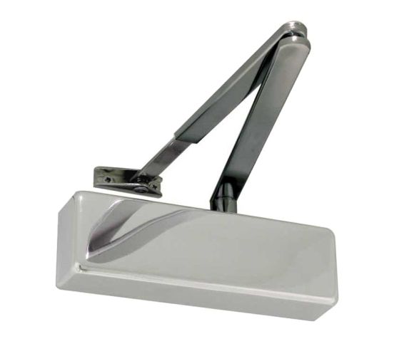 Standard Power Size 2-4 Overhead Door Closer With Black Arm, Polished Nickel