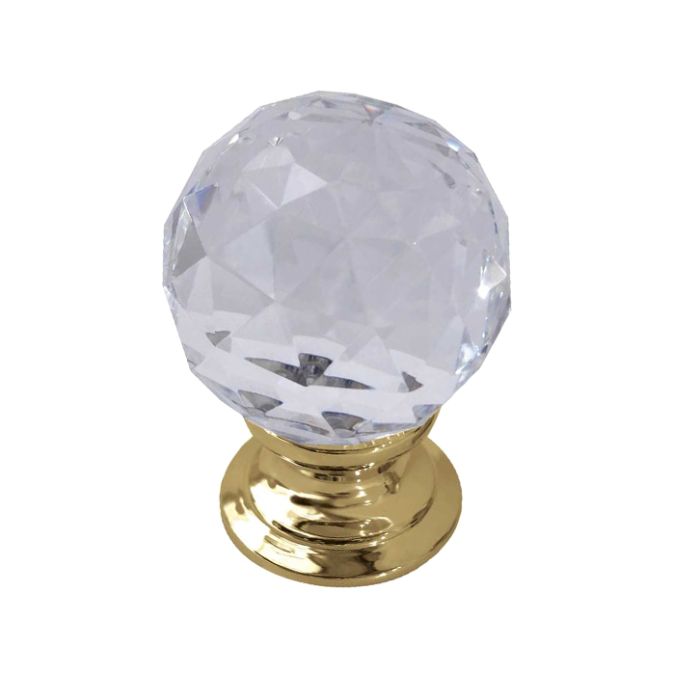 Faceted Glass Cupboard Door Knob, Polished Brass