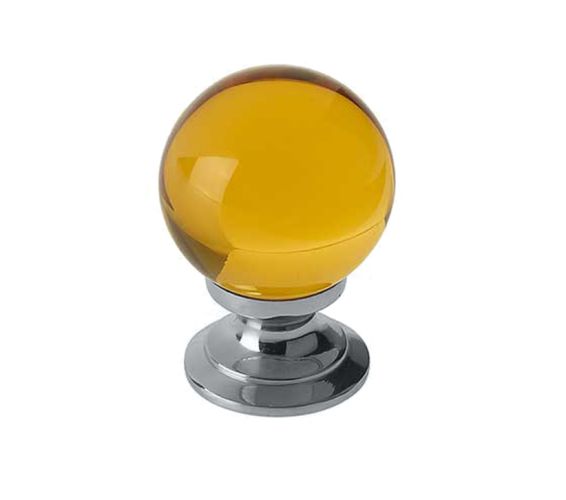 Amber Coloured Plain Ball Glass Cupboard Door Knob, Polished Chrome