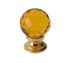 Amber Coloured Faceted Glass Cupboard Door Knob, Polished Brass