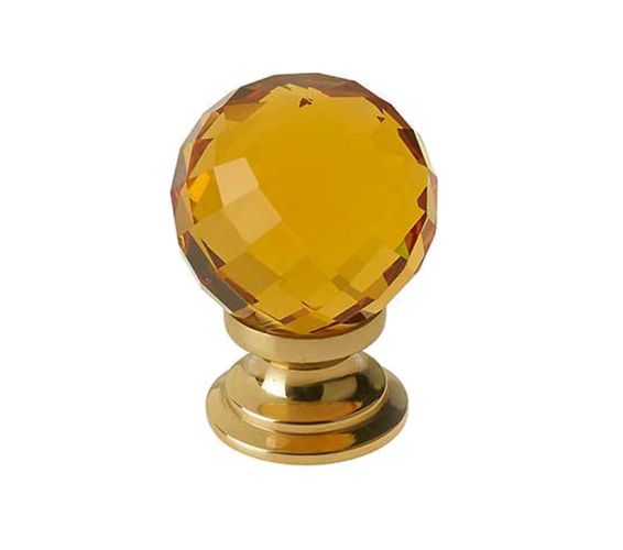 Amber Coloured Faceted Glass Cupboard Door Knob, Polished Brass