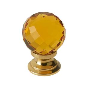 Amber Coloured Faceted Glass Cupboard Door Knob, Polished Brass
