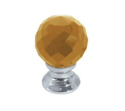 Amber Coloured Faceted Glass Cupboard Door Knob, Polished Chrome