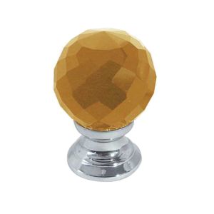 Amber Coloured Faceted Glass Cupboard Door Knob, Polished Chrome