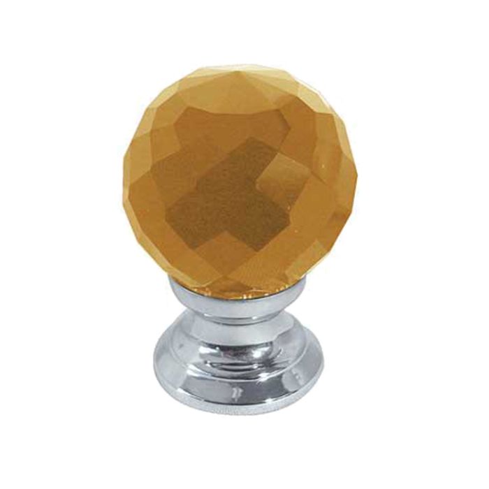 Amber Coloured Faceted Glass Cupboard Door Knob, Polished Chrome