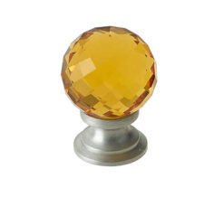 Amber Coloured Faceted Glass Cupboard Door Knob, Satin Chrome