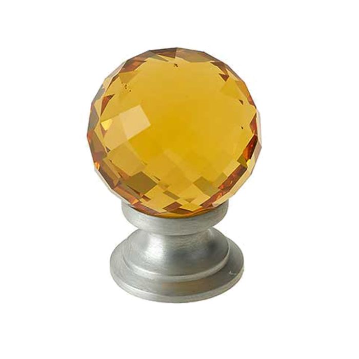 Amber Coloured Faceted Glass Cupboard Door Knob, Satin Chrome