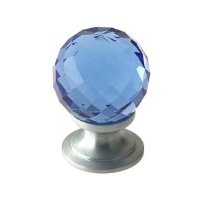 Blue Coloured Faceted Glass Cupboard Door Knob, Satin Chrome