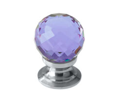 Purple Coloured Faceted Glass Cupboard Door Knob, Polished Chrome