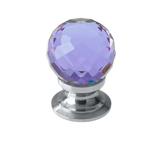 Purple Coloured Faceted Glass Cupboard Door Knob, Polished Chrome