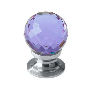 Purple Coloured Faceted Glass Cupboard Door Knob, Polished Chrome