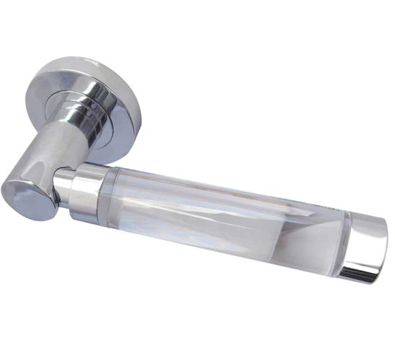 Milo Glass Door Handles On Round Rose, Polished Chrome(sold in pairs)
