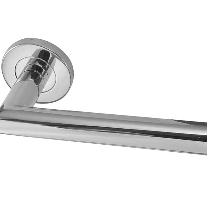 Julian Door Handles On Round Rose, Polished Stainless Steel (sold in pairs)