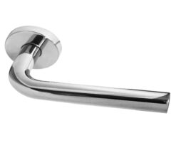 Radium Door Handles On Round Rose, Polished Stainless Steel (sold in pairs)
