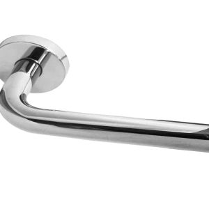 Radium Door Handles On Round Rose, Polished Stainless Steel (sold in pairs)