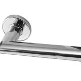 Neptune Mitred Door Handles On Round Rose, Polished Stainless Steel (sold in pairs)