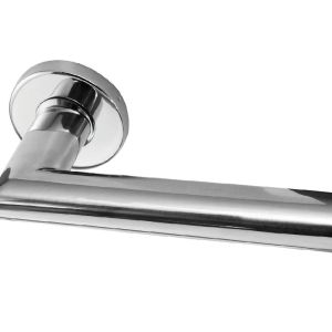Neptune Mitred Door Handles On Round Rose, Polished Stainless Steel (sold in pairs)
