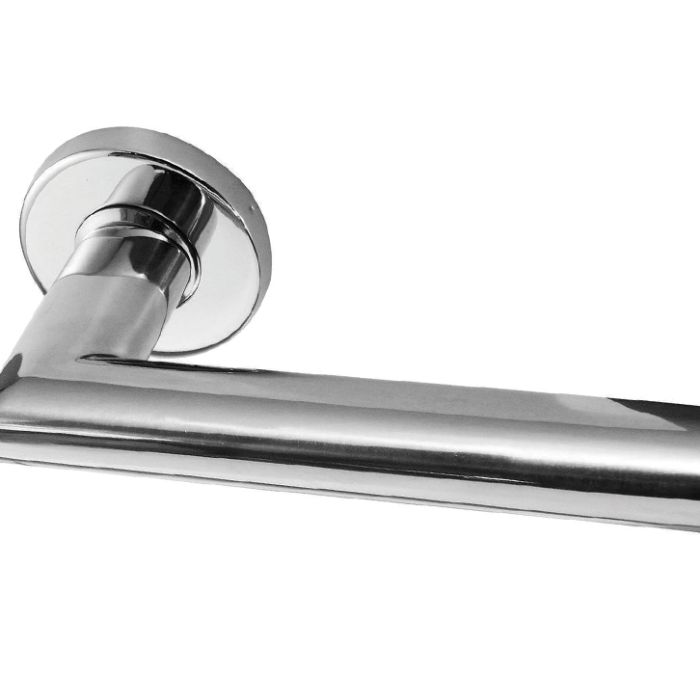 Neptune Mitred Door Handles On Round Rose, Polished Stainless Steel (sold in pairs)