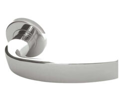 Nebula Door Handles On Round Rose, Polished Stainless Steel (sold in pairs)