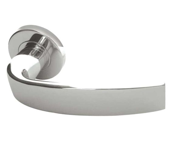 Nebula Door Handles On Round Rose, Polished Stainless Steel (sold in pairs)