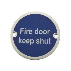 Fire Door Keep Shut Sign (75mm Diameter), Satin Aluminium